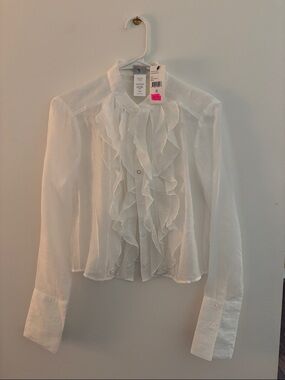White Ruffle Front Long-Sleeve Blouse